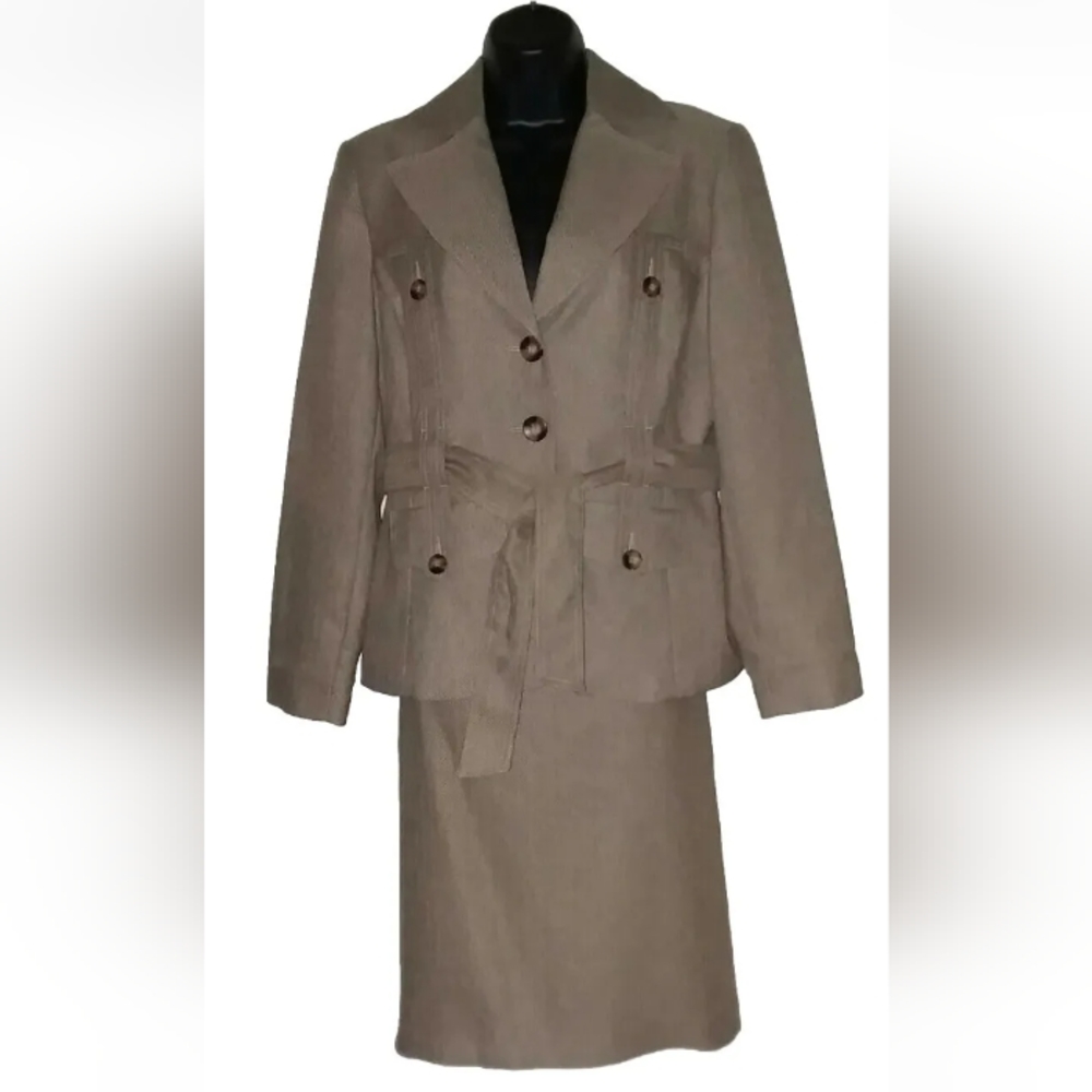 J. Rose Suit Womens Size 8 2 Pc Belted Herringbone Blazer Jacket Skirt